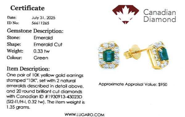 Emerald Cut Emerald & Canadian Diamond Halo Stud Earrings in Yellow Gold