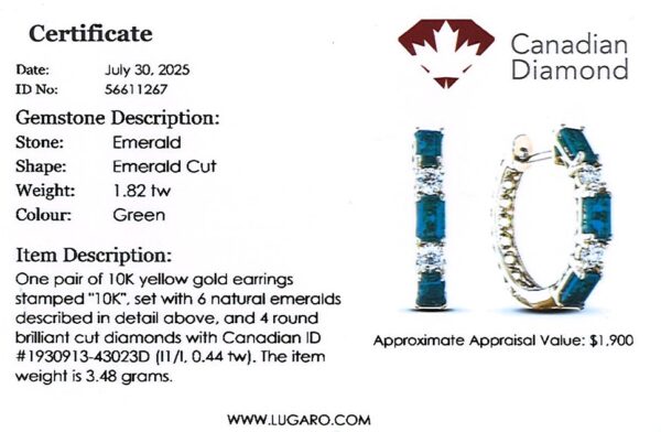 Emerald Cut Emeralds and Canadian Diamonds Hoop Earrings In Yellow Gold