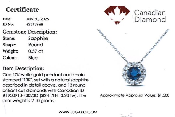 Round Sapphire and Canadian Diamond Halo Pendant In White Gold
