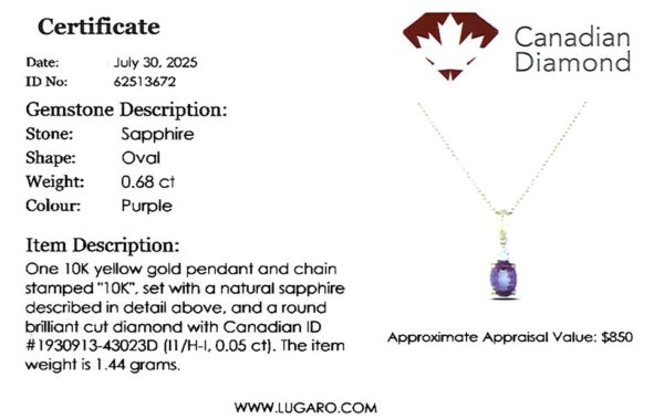 Oval Shaped Purple Sapphire & Canadian Diamond Pendant in Yellow Gold