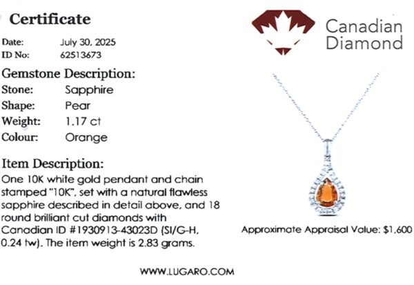 Pear Shaped Orange Sapphire and Canadian Diamond Halo Pendant in White Gold
