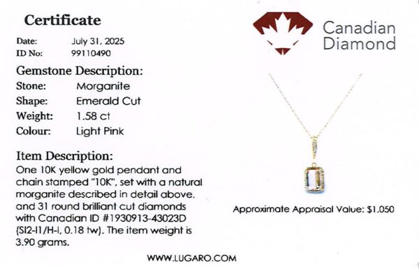 Emerald Cut Morganite and Canadian Diamond Halo Pendant in Yellow Gold