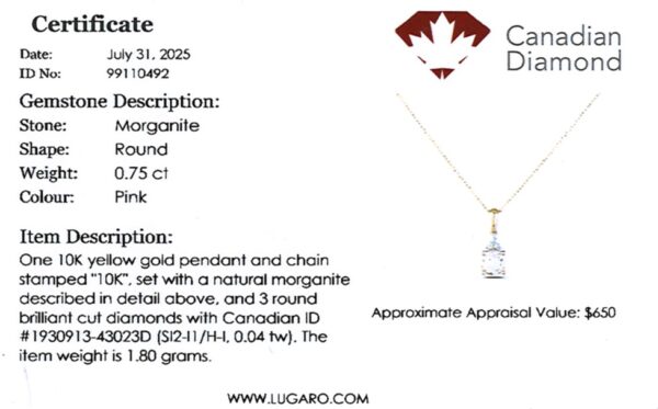 Morganite and Canadian Diamond Pendant in Yellow Gold
