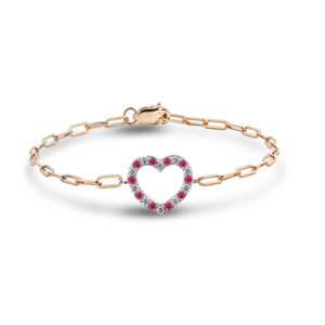 Canadian Diamond and Ruby Open Heart Bracelet with Paperclip Chain in Yellow Gold