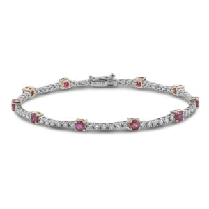 Round Ruby and Canadian Diamond Tennis Bracelet in White and Yellow Gold