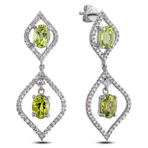 Oval Shape Peridot and Canadian Diamond Dangle Earrings in White Gold