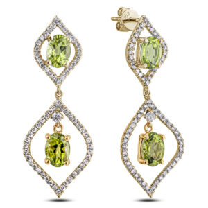 Oval Shape Peridot and Canadian Diamond Dangle Earrings in Yellow Gold