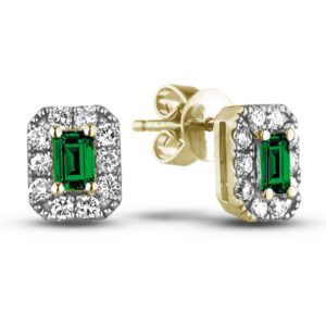 Emerald Cut Emerald & Canadian Diamond Halo Stud Earrings in Yellow Gold