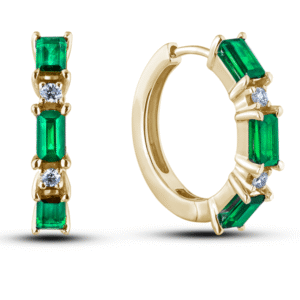 Emerald Cut Emerald and Canadian Diamond Hoop Earrings in Yellow Gold