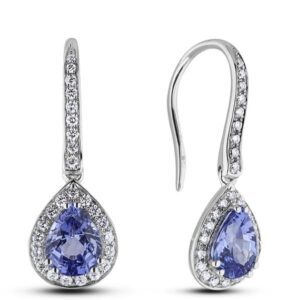 Pear Shaped Sapphire And Diamond Halo Drop Earrings in 14K White Gold