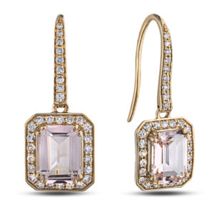 Morganite and Canadian Diamond Halo Hook Dangle Earrings in Yellow Gold