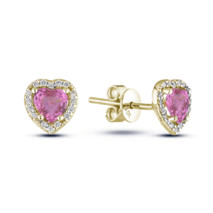 Pink Sapphire and Canadian Diamond Halo Heart Stud Earrings In Yellow Gold