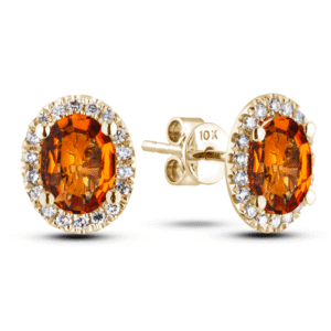 Padparadscha Color Sapphire and Canadian Diamond Oval Halo Stud Earrings in Yellow Gold