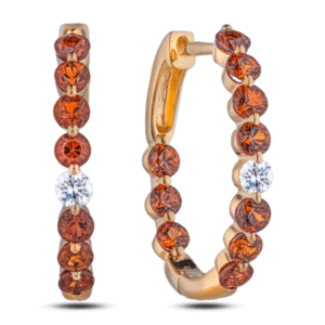Canadian Diamond and Padparadscha Color Orange Sapphire Inside Out Hoop Earrings in Yellow Gold