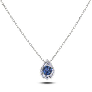 Sapphire and Canadian Diamond Pear-Shaped Halo Pendant in White Gold