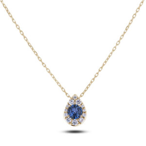 Sapphire and Canadian Diamond Pear-Shaped Halo Pendant in Yellow Gold