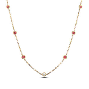 De Beers Forevermark Diamond and Ruby Bezel Set Necklace In 18K Yellow Gold