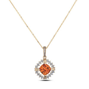 Padparadscha Color Ceylon Sapphire and Canadian Diamond Halo Pendant in Yellow Gold