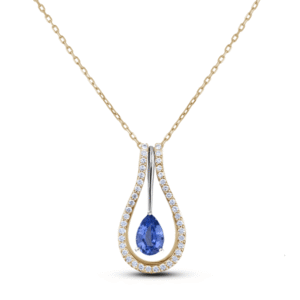 Diamond And Pear Shaped Ceylon Sapphire Halo Dangle Pendant In 14K Gold