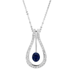 Diamond And Oval Sapphire Halo Dangle Pendant In White Gold