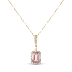 Emerald Cut Morganite and Canadian Diamond Halo Pendant in Yellow Gold