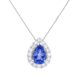 Pear Cut Sapphire & Canadian Diamond Halo Pendant in White Gold