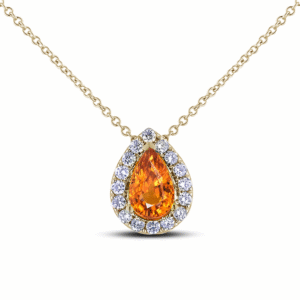 Padparadscha Color Orange Pear Cut Sapphire and Canadian Diamond Halo Pendant in Yellow Gold