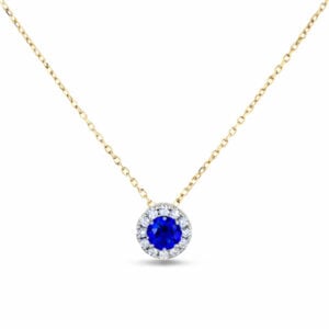 Ceylon Blue Sapphire and Diamond Halo Pendant in 14K Gold