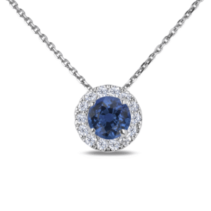 Round Sapphire and Canadian Diamond Halo Pendant In White Gold