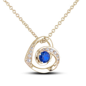 Sapphire And Half Halo Diamond Heart Pendant In Yellow Gold