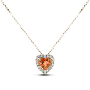 Padparadscha Color Orange Sapphire and Canadian Diamond Halo Pendant in Yellow Gold
