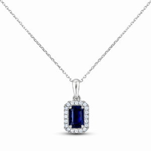 Blue Sapphire and Canadian Diamond Halo Pendant in White Gold
