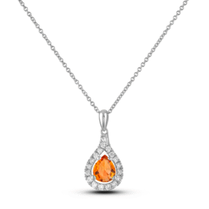 Pear Shaped Orange Sapphire and Canadian Diamond Halo Pendant in White Gold