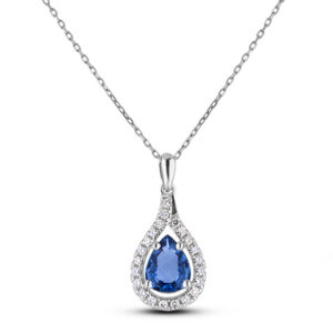 Pear Cut Ceylon Sapphire and Diamond Halo Pendant in 14K White Gold