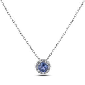 Ceylon Sapphire & Diamond Halo Pendant in 14K White Gold