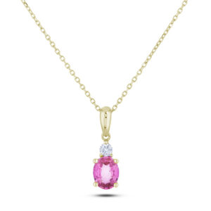 Oval Shaped Pink Sapphire and Canadian Diamond Pendant In Yellow Gold