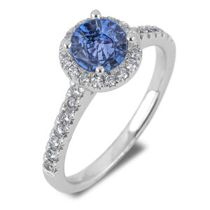 Ceylon Sapphire and Diamond Halo Ring in 18K White Gold