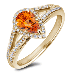 Padparadscha Color Sapphire and Canadian Diamond Halo Ring in Yellow Gold