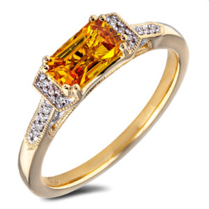 Padparadscha Color Yellow-Orange Sapphire and Diamond Ring in Yellow Gold