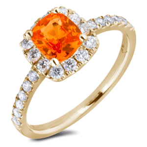 Padparadscha Colour Orange Sapphire and Diamond Halo Ring in 14K Yellow Gold