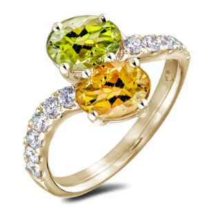 Peridot and Citrine You and Me Ring With Diamond Accents In Yellow Gold
