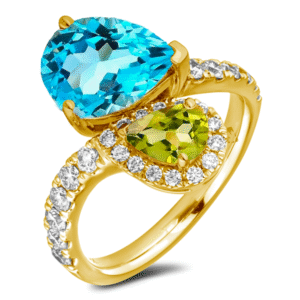 Peridot and Blue Topaz You and Me Ring With Diamond Accented In Yellow Gold