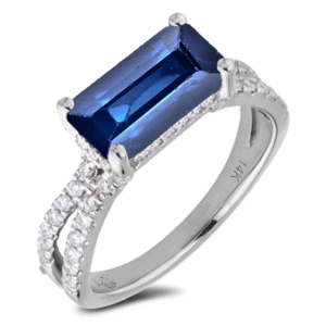 Rectangle Cut Sapphire & Diamond Hidden Halo East-West Ring in 14K White Gold