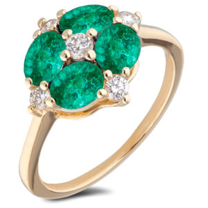 Canadian Diamond and Emerald Flower Halo Ring In Yellow Gold