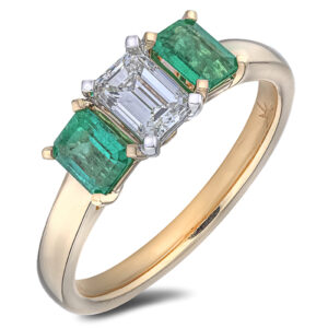 De Beers Forevermark Diamond and Brazilian Emerald Three Stone Ring in 18K Gold