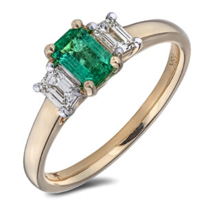Brazilian Emerald and De Beers Forevermark Diamond Three Stone Ring in 18K Yellow Gold