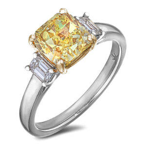 GIA Fancy Intense Yellow Diamond and De Beers Forevermark Diamond Trilogy Engagement Ring in 18K Gold