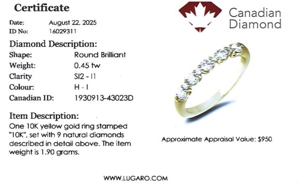Canadian Diamond Anniversary Ring in Yellow Gold 0.45 Carat TW