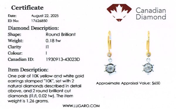 Canadian Diamond Miracle-Set Dangle Earrings in Yellow and White Gold