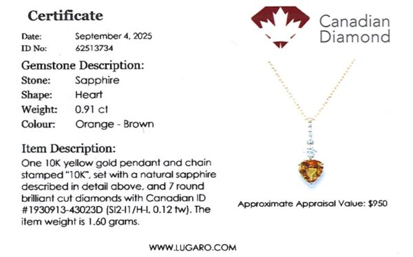 Heart Shaped Orangey Brown Sapphire & Canadian Diamond Pendant in Yellow Gold